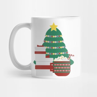 Decorated Christmas tree, White Red gifts box and large Red Green mug with hot cocoa, whipped cream, marshmallow and striped candy cane on White background Mug